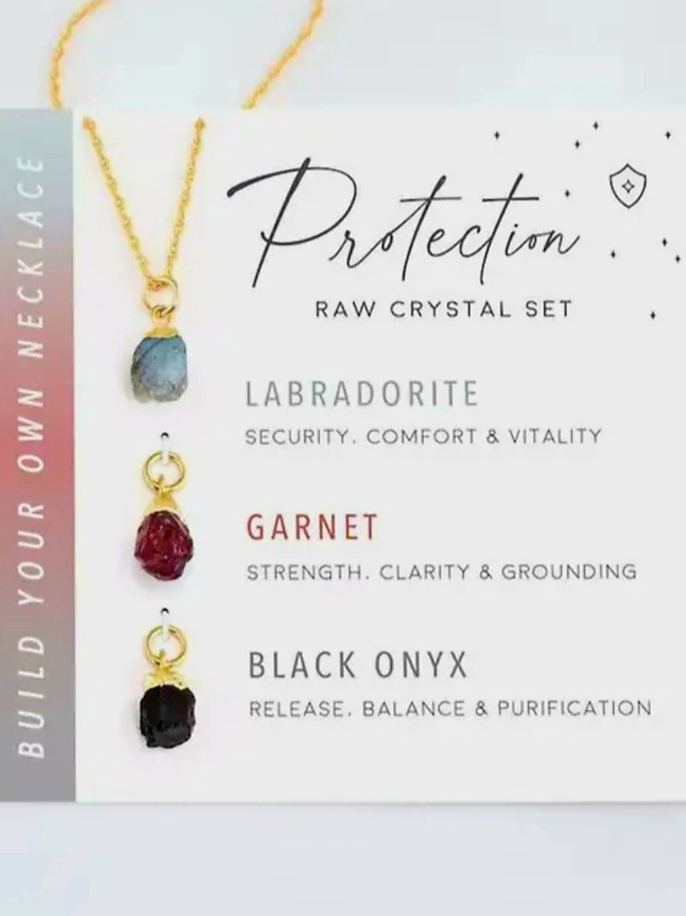 Raw Crystal Protection Necklace Set‎ with Labradorite, Garnet & Black Onyx